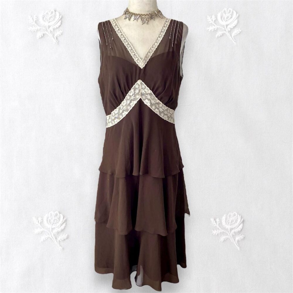 Liz Claiborne Early 2000's Fairy Layered Brown Mesh White Lace Trim Midi Dress L